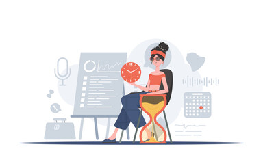 A woman sits in a chair and holds a watch in her hands. Time management. Element for presentation.