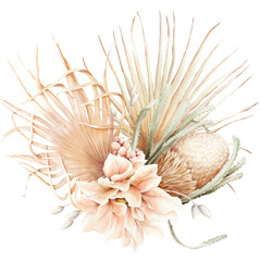 Watercolor desert tones tropical leaves and pampas grass arrangement. Beige palm leaves floral bohemian bouquet