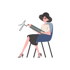 A woman sits in a chair and signs with a pencil. Isolated. Element for presentation.