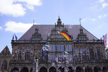 
The Bremen City Hall is the seat of the President of the Senate and Mayor of the Free Hanseatic City of Bremen. Important examples of Weser Renaissance architecture in Europe. - obrazy, fototapety, plakaty