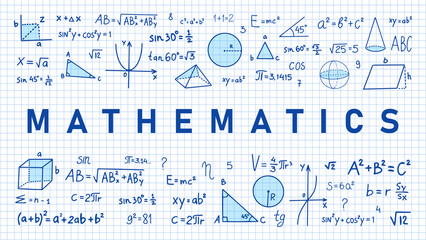 Hand drawn math symbols. Math symbols on notebook page background. Sketch math symbols - obrazy, fototapety, plakaty