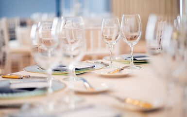 Catering services. glasses set and dishes plates in restaurant