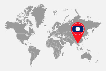 Pin map with Laos flag on world map. Vector illustration.