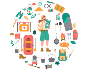 A set of tourist and tourist equipment in the apartment. Circle shape. Tourist guy with a tourist backpack. Vector illustration.
the mountains