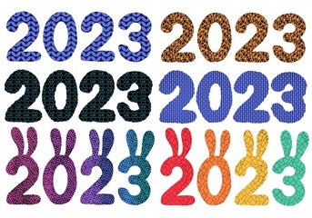 Set with 2023 rabbit numbers for new year gifts and stickers and notebooks and hobbies and holidays