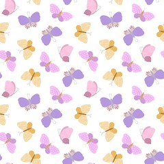 Fancy pink, violet, yellow butterflies seamless pattern, simple flat vector illustration, symbol of Easter holidays, spring, summer celebration decor, ornament textile, springtime decor, cute insect