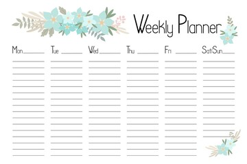 Weekly planner template simple floral illustration, organizer for daily plans, timetable, schedule with days of the week and copyspace, tender trendy blue flowers flower design