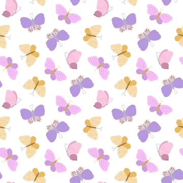 Fancy pink, violet, yellow butterflies seamless pattern, simple flat vector illustration, symbol of Easter holidays, spring, summer celebration decor, ornament textile, springtime decor, cute insect