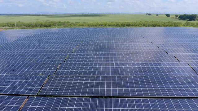 Details of El Soco solar photovoltaic panels installed at San Pedro De Macoris in Dominican Republic. Aerial forward view