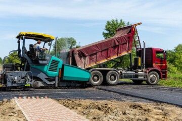 Dump truck loads hot asphalt into paver. Asphalt paver is on minor road. Close-up. Road workers in orange overalls repair sidewalk and highway to village. Krasnodar, Russia - May 29, 2022