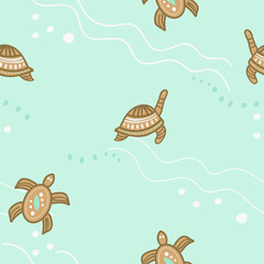 Vintage tortoises under the sea. Seamless pattern hand drawn styled design for cards, polygraphy, children’s room wall decor.