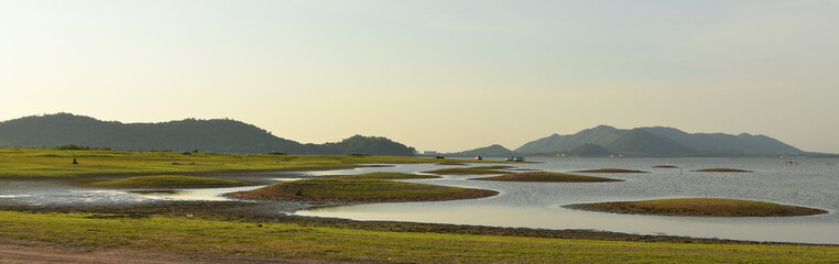 Panoramic view of Bang Phra reservoir with drought