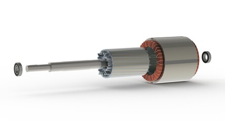 Stator and rotor exploded view presentation used in asynchronous electric motor, 3d illustration isolated on white background