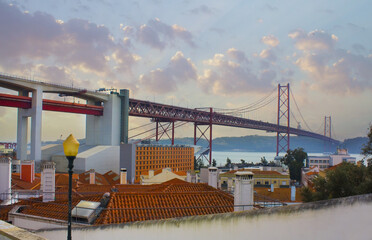 Tagus river bank with 25th April bridge in Lisbon, Portugal	
