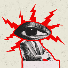 Contemporary art collage. Conceptual image with man in s uit with giant eye looking, controlling...