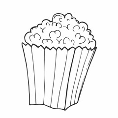 Contour popcorn icon. Hand drawn cartoon illustration of food in cinema. American symbol of snack in doodle style. Large paper cup striped to the top filled with ready-made corn kernels