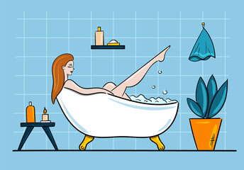 Woman washes in bubble bath.