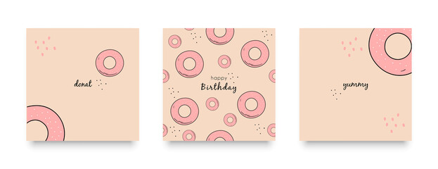 Vector. Happy birthday posters. Donuts. The idea for the design on the wall, printing on fabric, notebooks, notebooks. Poster set. Cute posters. Seamless pattern. Modern design.
