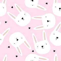 Vector seamless pattern with hand-drawn cute bunnies on a pink background. Drawn hearts in the Scandinavian style. Seamless wallpaper for a children's room.