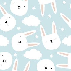 Vector seamless pattern with hand-drawn cute bunnies on a blue background. Drawn clouds and stars in the Scandinavian style. Seamless wallpaper for a children's room.
