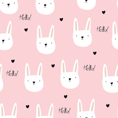 Vector seamless pattern with hand-drawn cute bunnies on a pink background. Drawn hearts in the Scandinavian style. Seamless wallpaper for a children's room.