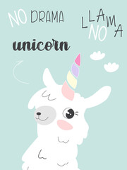 Obraz na płótnie Canvas Vector. Hand drawn unicorn llama. Hand-drawn lettering unicorn. Cute design for t-shirt, poster, wall sticker.
