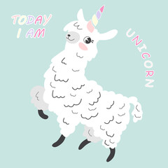 Vector. Hand drawn unicorn llama. Hand-drawn lettering unicorn. Cute design for t-shirt, poster, wall sticker.
