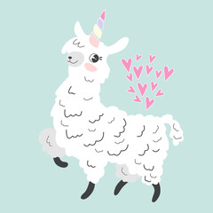 Obraz na płótnie Canvas Vector. Hand drawn unicorn llama. Hand-drawn lettering unicorn. Cute design for t-shirt, poster, wall sticker.