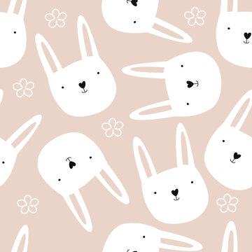 Vector seamless pattern with hand-drawn cute bunnies on a beige background. Drawn flowers in the Scandinavian style. Seamless wallpaper for a children's room.