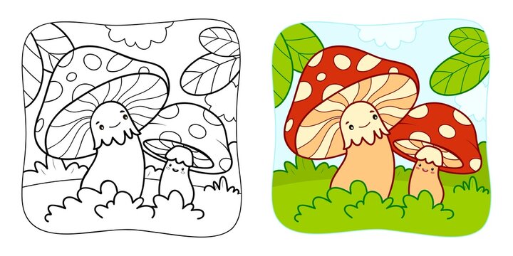Coloring book or Coloring page for kids. Mushrooms vector clipart. Nature background.