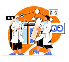 Conducting scientific researches. Man and woman with test tubes analyze substances and chemical reactions. Medical research, scientists in lab. DNA analysis. Cartoon flat vector illustration