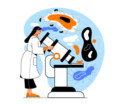 Conducting scientific researches. Young girl with microscope analyzes composition of substance or DNA. Medical developments and cosmetics, biology and anatomy. Cartoon flat vector illustration