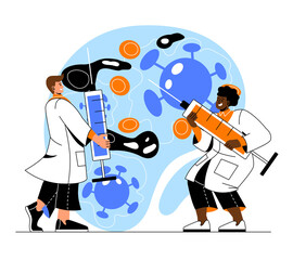 Conducting scientific researches. Man and girl with syringes inject various substances and substances into cells. DNA analysis and medical experiments in lab. Cartoon flat vector illustration