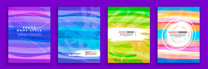 A set of colorful backgrounds for printed products in vector. Templates for a Catalog, Brochure, Poster, or Flyer. Trendy backgrounds with colored spots, wavy lines and pattern. Purple and blue covers