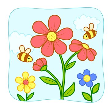 Cute Flower and bees cartoon. Flower and bees clipart vector. Nature background