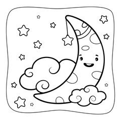 Moon black and white. Coloring book or Coloring page for kids. Nature background