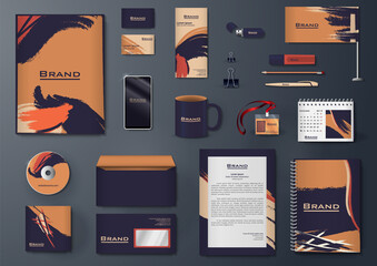 Vector branding identity stationery mockup set with warm trendy colors and abstract design. Business templates set includes folder/catalogue cover, notebook, brochure, envelope, corporate letter, card