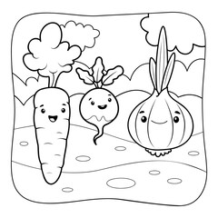 Vegetables black and white. Coloring book or Coloring page for kids. Nature background