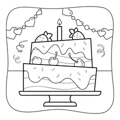 Cake black and white. Coloring book or Coloring page for kids. Nature background