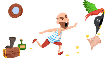 Vector pirate runs after the parrot that took the pirate hat, coins fall, treasure map. A pirate in a striped T-shirt and red shorts.