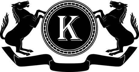 two horses with crown and letter k black design logo handmade silhouette collection