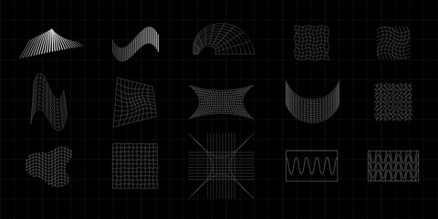 Set of retro futuristic design elements, perspective grids. Vector illustration.