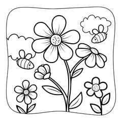 Flower and bees black and white. Coloring book or Coloring page for kids. Nature background