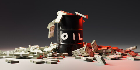 money and oil barrels concept image, 3d rendering