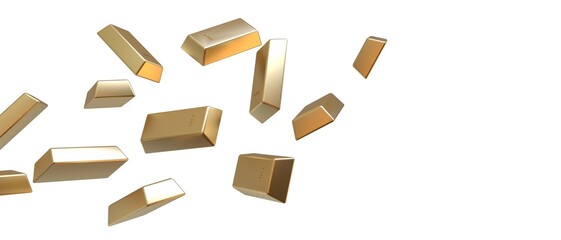 Falling gold bars isolated on a white background. Gold Price, Finance, Wealth, Trading, Investment, Banking, business concept. 3d Rendering