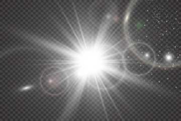 Special lens flash, light effect. The flash flashes rays and searchlight. illust.White glowing light. Beautiful star Light from the rays. The sun is backlit. Bright beautiful star. Sunlight. Glare.	