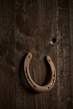 old horseshoe on wooden background