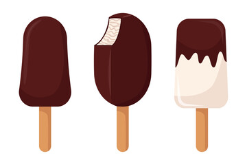 Assorted ice cream. Ice cream in pink glaze on stick, white background. Vanilla fruit popsicle in chocolate. Bitten ice cream. Sweet summer dessert. Eskimo pie. Vector illustration in cartoon style
