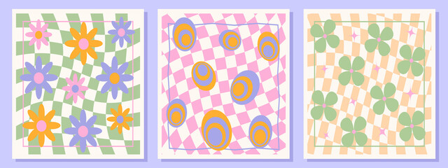 1970s Retro Daisy pattern groovy trippy. Trippy Grid, Wavy Swirl Pattern. Seventies Style, Groovy Abstract psychedelic Background, Wallpaper. Hippie Aesthetic. Vector Illustration, Flat Design