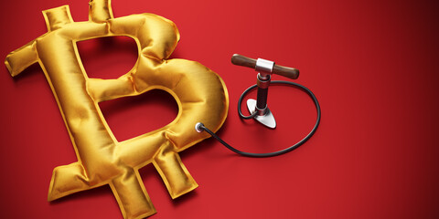 Bringing resuscitation to the Bitcoin. Manual hand pump connected to the inflating golden balloon in the shape of bitcoin virtual cryptocurrency symbol. 3d illustration.